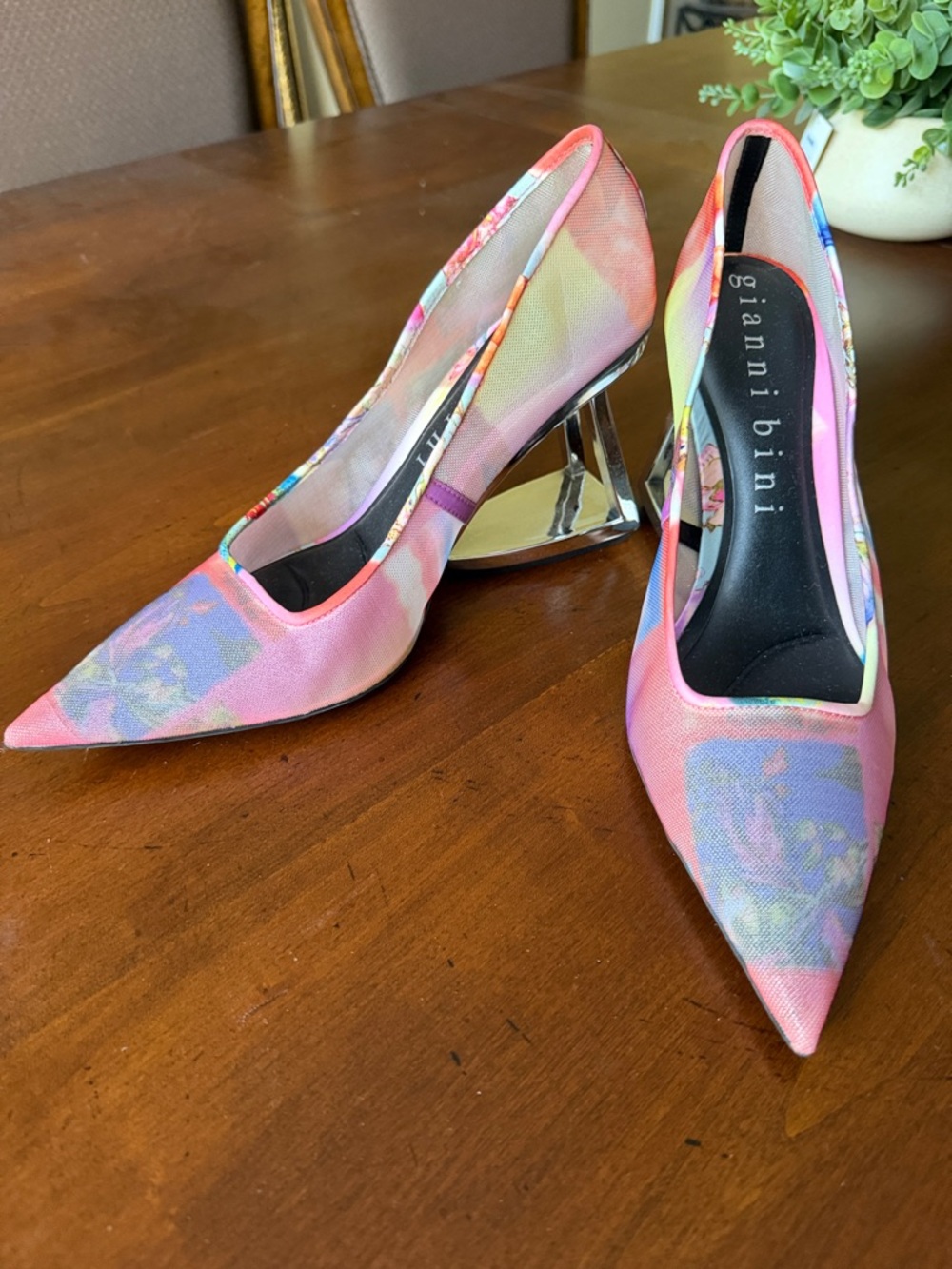 Gianni Bini Pink Floral Pointed Toe Pumps with Mirrored Block Heel